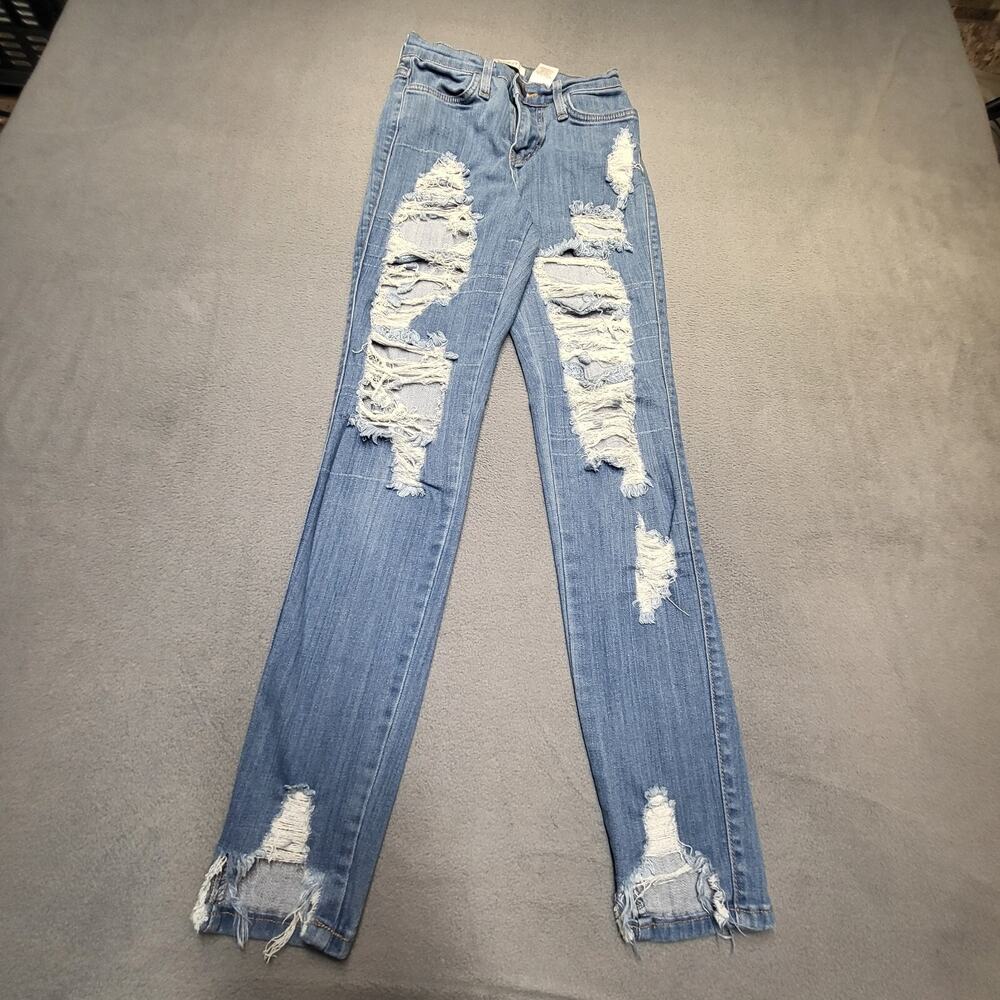 Vibrant MIU Jeans Juniors 3 Blue Skinny Leg Distressed Stretch Denim
